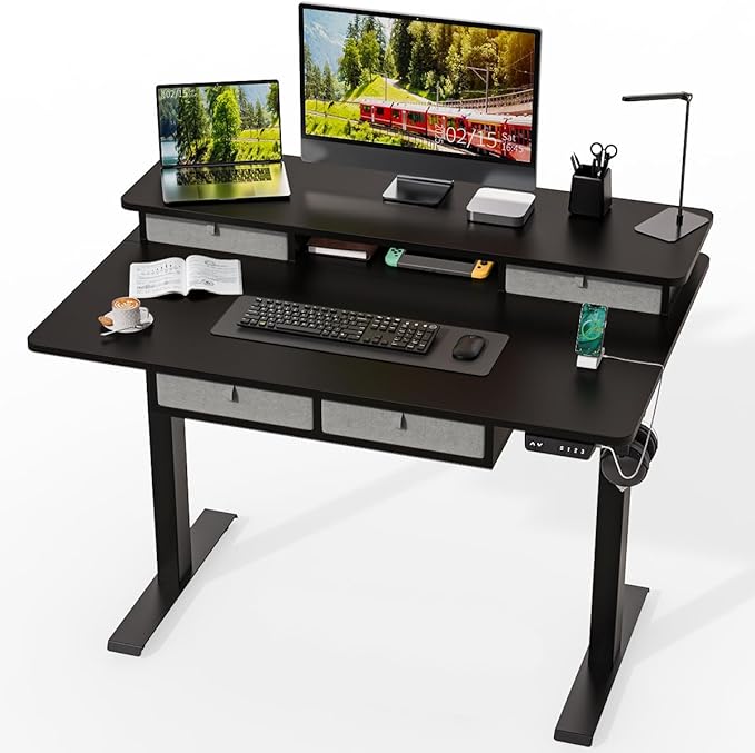 Standing Desk with Fast Charging USB Ports, 48" x 30" Height Adjustable Home Office & Gaming Desk, Sit Stand Desk with Built-in Storage Shelf, Hook & Ergonomic Design(Classic Black)
