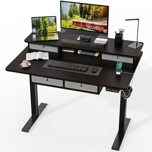 Standing Desk with Fast Charging USB Ports, 48" x 30" Height Adjustable Home Office & Gaming Desk, Sit Stand Desk with Built-in Storage Shelf, Hook & Ergonomic Design(Classic Black)