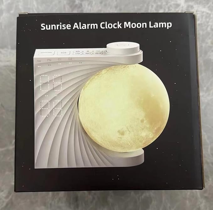 Rotating Moonlight Alarm Clock for Heavy Sleepers - Sunrise Simulation Wake-Up Light, Snooze, 10 Light Effects, 30/60/90 Timer, 10 Nature Sounds & 15 Ringtones,12 Volume- Bedroom Lamp for Kids Adults