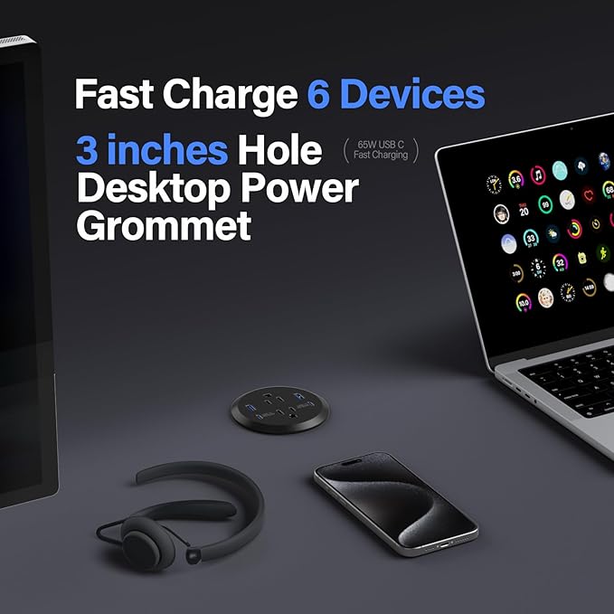 Jgstkcity Desktop Power Grommet, 65W USB C Fast Charging Port, Flush Mount Recessed Power Strip 3inch Hole,2 Outlets,4 USB Ports, Countertop Outlet (Black, 65W USB Port)