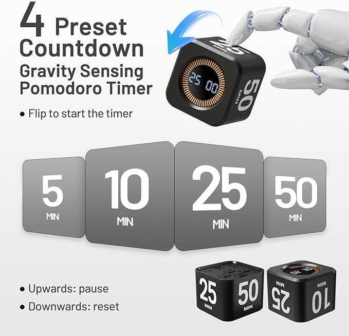 Rotating Pomodoro Timer, 5/10/25/50 Minutes, Countdown & Stopwatch, Desk Productivity, ADHD Tool Cube Flip Timer, Adjustable Silent, for Study, Work, Kitchen (Black)