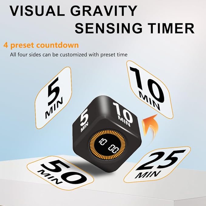 Visual Rotating Timer with 5, 10, 25 50 Minutes Preset, Desk Cube Count Down/up Timer, Rechargeable Custom-time Mute/Sound, Ideal for ADHD Work Learning Kitchen, Black