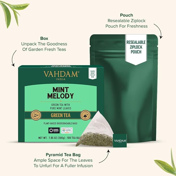 VAHDAM, Mint Green Tea Bags (100 Count) 100% Pure Leaf Tea, High Grown, Low Caffeine, Non GMO, Gluten Free | Plant-Based Pyramid Tea Bags | Direct from Source