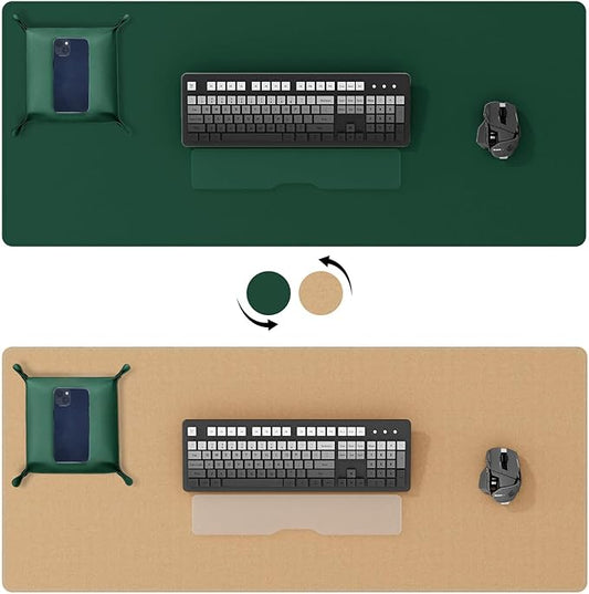 DAWNTREES Dual Sided Desk Mat,Leather Desk Pad,Cork Desk Mat Protector,with PU Leather Valet Tray Organizer,Large Mouse Pad,Desk Writing Pad for Office and Home(Dark Green 31.5"x15.8")