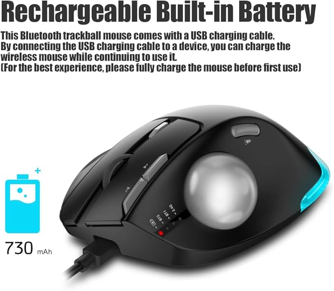 zelotes Wireless Trackball Mouse,Bluetooth Mouse,Rechargeable,4800 DPI, 2-in-1(BT 5.0/3.0+2.4GHz USB Receiver), 8 Buttons,Ergonomic Design,LED Lighting,for Laptop, PC, Pad,Black