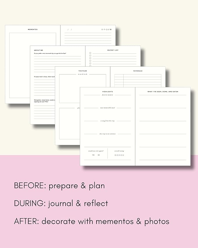 Kunitsa Co. Travel Journal - Guided Notebook for Travelers to Plan & Reflect on Vacations & Trips. Keepsake Travel Gift, Lavender Pink