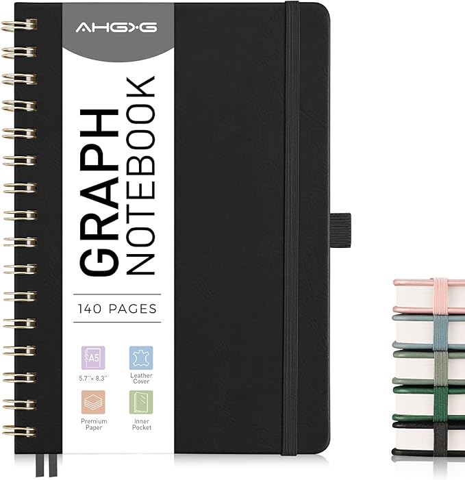AHGXG Graph Paper Notebook - Spiral Notebook Hardcover Leather Journal 140 Pages, A5 Grid Paper Notebook 5.7" x 8.3", 100 gsm Thick Paper, for School Writing Graphing Engineering, Black