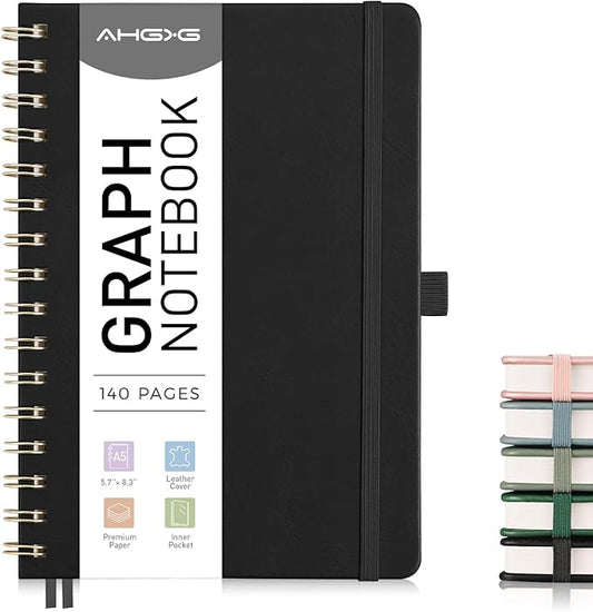 AHGXG Graph Paper Notebook - Spiral Notebook Hardcover Leather Journal 140 Pages, A5 Grid Paper Notebook 5.7" x 8.3", 100 gsm Thick Paper, for School Writing Graphing Engineering, Black