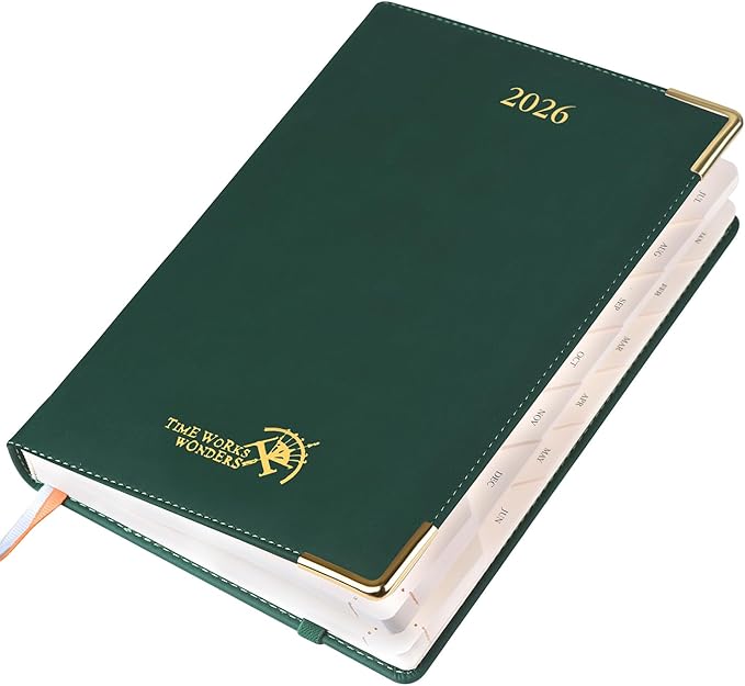 POPRUN Daily Planner 2026 (A5 Size-5.75" x 8.5") One Page Per Day Planner with Vegan Leather Hardcover - Agenda 2026 (Jan- Dec) Page A Day Calendar Book with Monthly Tabs, Pocket - Forest Green