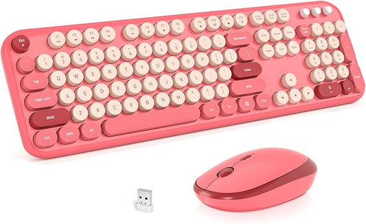 Wireless Keyboard and Mouse Combo, MOWUX Full Size Typewriter Retro Round Computer Keyboard, Cute Optical Mouse Wireless, Plug and Play, for Laptop, PC, Computer- Valentine's Rose
