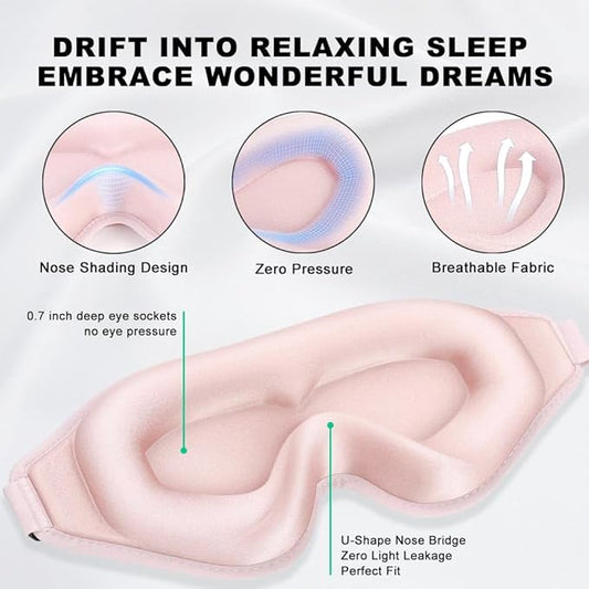 3D Contoured Sleep Eye mask Side Sleeper Men Women Zero Eye Pressure high Density Memory Foam Soft Breathable Light Blocking Night Blindfold Travel Yoga Napping Pink