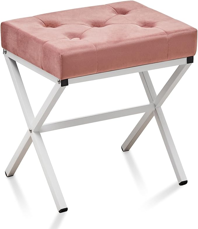Wimarsbon Ottoman Foot Stool Tufted Vanity Stool Ottomans Thickened Cushion Footstool Mulifunctional Shoe Changing Seat Step Stools with Metal X Leg for Living Room Bedroom Velvet Dusty Pink
