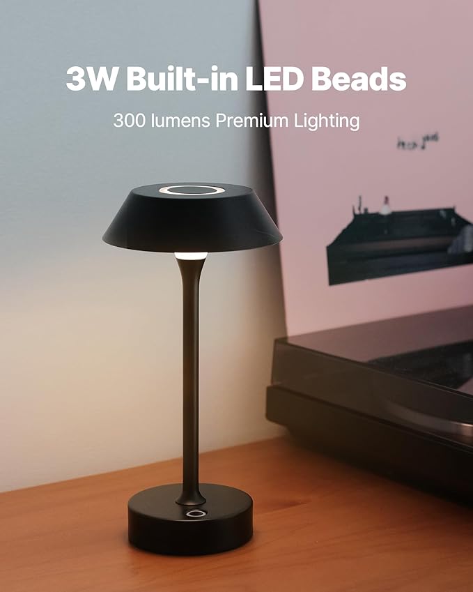 Elva Portable Table Lamp, Small Cute Cordless Rechargeable Table Lamp, 3W LED Dimmable Touch Light with 3-Color Temp, Modern Bedside Nightstand Light for Bedroom Ambient, Black