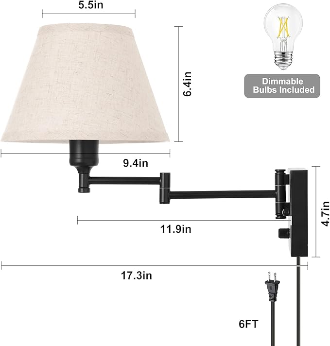 TRLIFE Wall Sconce Plug in, Dimmable Wall Sconces Set of Two Swing Arm Wall Lights with Plug in Cord and On/Off Dimmer Rotary Switch, 9.4" Medium Beige Fabric Shade(2 Pack, 2 Bulbs)