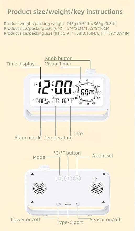 Digital Alarm Clock Night Light Visual Timer, LCD Time Reminder with 3 Alarms, Snooze,Temperature Display, Ideal for Family Education Teaching and Time Management Gifts for Kids (White)