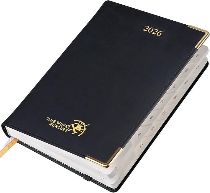 POPRUN Daily Planner 2026 (A5 Size-5.75" x 8.5") One Page Per Day Planner with Vegan Leather Hardcover - Agenda 2026 (Jan. - Dec.) Page A Day Calendar Book with Monthly Tabs, Inner Pocket TJ - Black