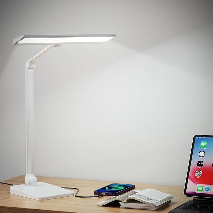 LED Desk Lamp for Office Home, 23W 1000LM DC Adapter Table Lamp with USB A+C Dual Charging Port, Eye-Caring Desk Light 3 Brightness Lamp for Reading, Study, Workbench, Crafting, Sewing, Puzzle