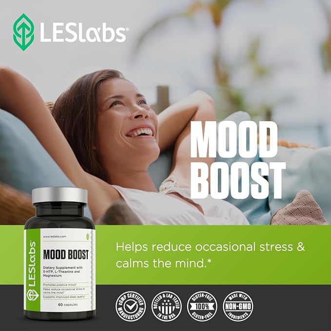 LES Labs Mood Boost – Stress Relief, Mood Support, Deep Relaxation & Better Sleep – 5-HTP, Ashwagandha, Rhodiola Rosea, Magnesium, L-Theanine & GABA – Non-GMO Supplement – 60 Capsules