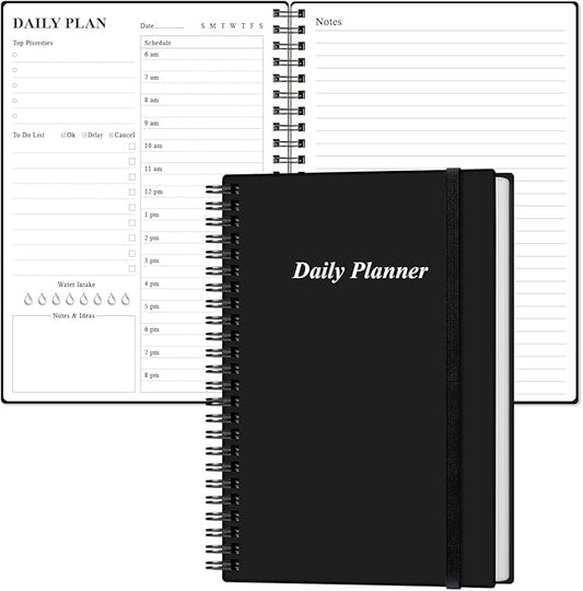 Daily Planner Undated - A5 To Do List Notebook Hourly Schedules, Spiral Appointment Planner for Women and Men, PVC Hardcover, Inner Pocket, Elastic Closure, 5.8" x 8.3", Black