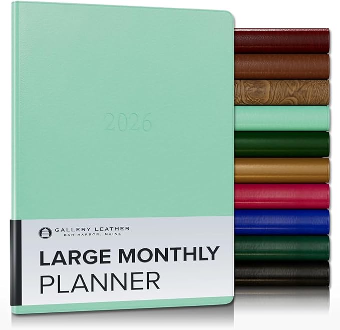 Gallery Leather Large Monthly Planner 2025-2026, Elegantly Bound Calendar Planner and Notebook with Stylish Gold-Gilded Page Edges, 18 Months - Caribbean Sea Glass - 9.75x7.5"