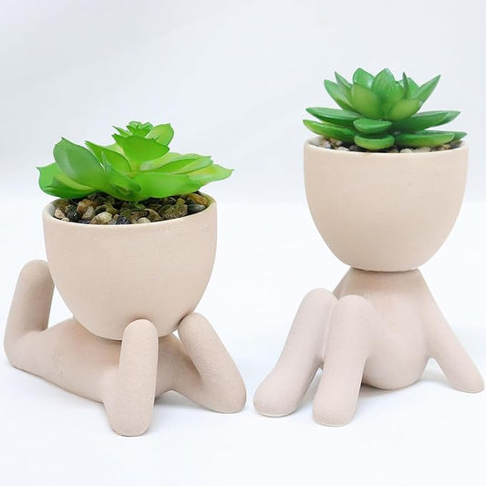 Zerzsy 2PCS Cute Artificial Succulent Plants with Creative Human Shaped Pots, Desk Decoration Artificial Plants Indoor for Home Office Decoration(Cream Color)