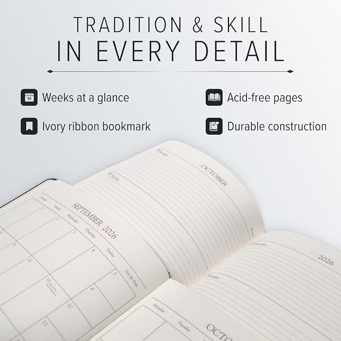 Gallery Leather Large Weekly Monthly Planner 2025-2026, Elegantly Bound Calendar Planner and Notebook with Stylish Gold-Gilded Page Edges, 12 Months - Freeport Mocha - 9.75 x 7.5 "