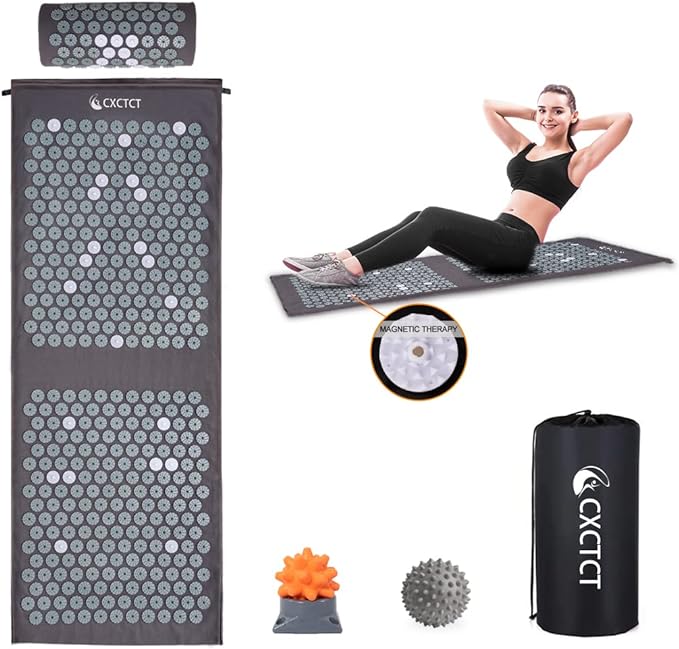 Extra Long Yoga Acupressure Mat Set,Massage Acupuncture Mat Large,Magnetic Mat Acupressure Body mat and Pillow for Neck Back Pain Relief(Grey)