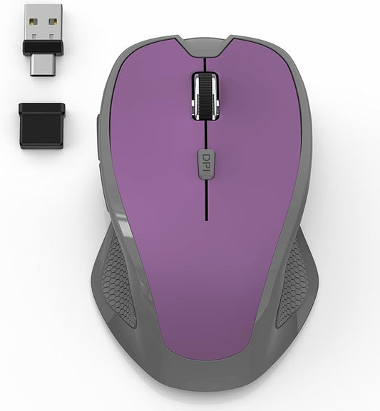 Bluetooth Wireless Computer Mouse, 2.4G Rechargeable Small Ergonomic Optical Mouse Jiggler for Office/Home with Forward/Back Buttons & USB-C/USB-A for Laptop, Desktop, PC, Mac, MacBook - Purple