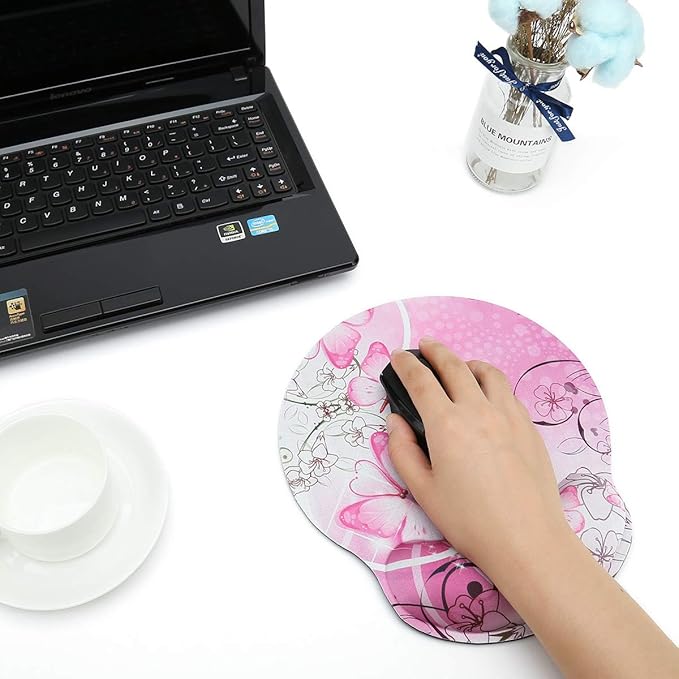 RICHEN Memory Foam Mouse Pad with Wrist Support,Ergonomic Mouse Pad with Wrist Rest,Non-Slip Rubber Base for Computer Laptop & Mac,Lightweight Rest for Home,Office & Travel (Pink Butterfly)