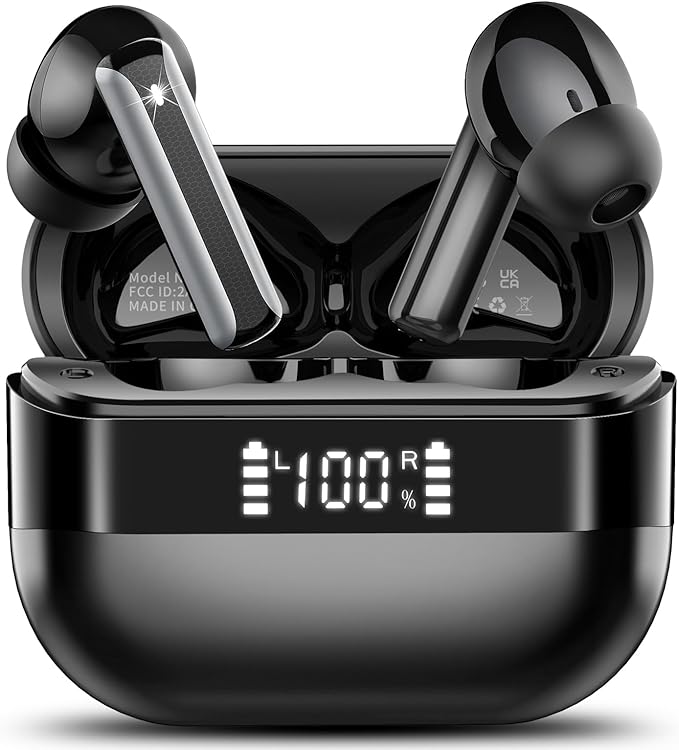 Wireless Earbuds, Bluetooth 5.4 Headphones with HiFi Stereo, in Ear Earphones with 4 ENC Mics, 48H Bluetooth Earbuds with LED Display Charging Case, IP7 Waterproof Ear Buds for Android iOS Black