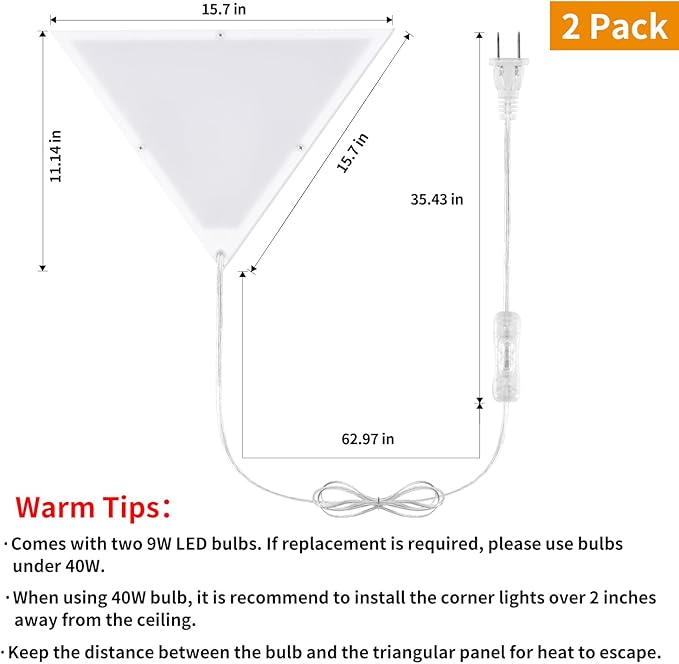 2 Pack Corner Light with 9W LED Bulb and Remote, 3 Color Temperature Corner Lamp, Dimmable Plug in Pendant Lights for Ceiling with Acrylic Shade, Plug in Ceiling Light for Living Room, Bedroom