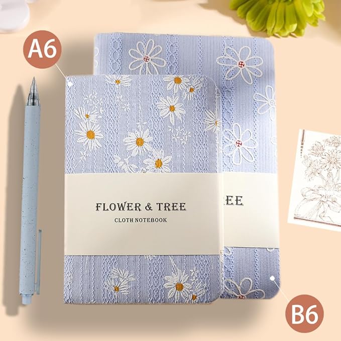Daisy Gifts for Women, A6 Pocket Notebook, Floral Fabric Journal, 4x6 Lined Notebook & Blank Sketchbook, Cute Small Notebook, Daisy Floret Blue Journal, Gift for Girls.