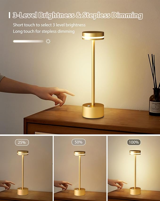 Modern LED Rechargeable Cordless Table Lamp with Touch Sensor, Aluminum Shell, 4000mAh Certified Battery, 3 Levels Brightness, USB-C Charging Port, 3000K Portable Metal Bedside Lamp (Gold)