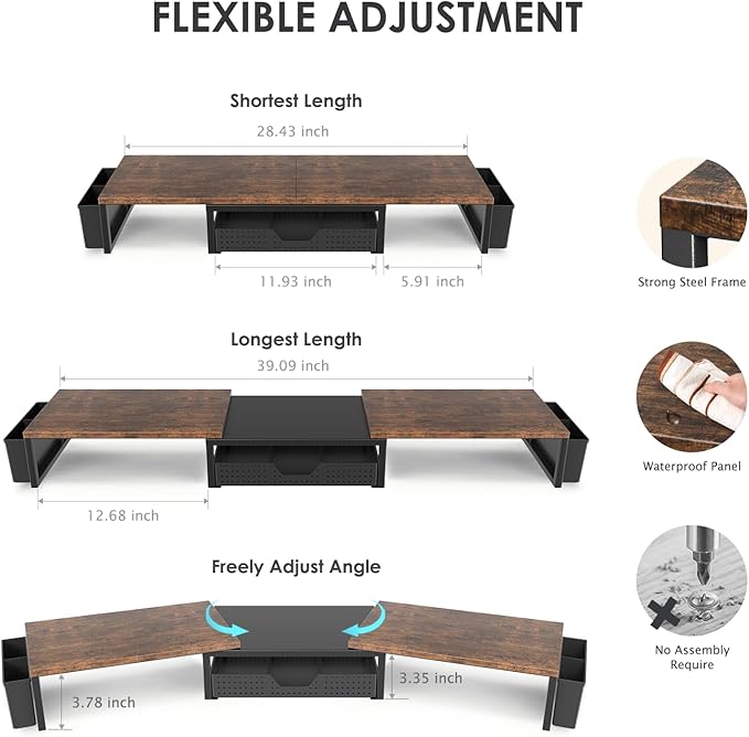 Desk Dual Monitor Stand Riser - Desk Organizer with Drawer and Pen Holders, Office Desk Accessories & Workspace Organization, Computer Monitor Stand for Laptop, Printer, TV, Office Decor, Wood