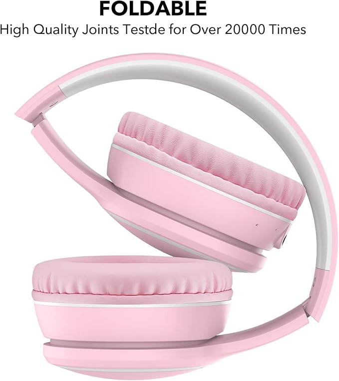 RORSOU B10 Wireless Over-Ear Headphones, Lightweight Folding Stereo Bass Bluetooth Headset with Mic, 50H Playtime, Volume Control, Bluetooth 5.3 Headphones for iPad/Travel/Tablet/PC (Pink)