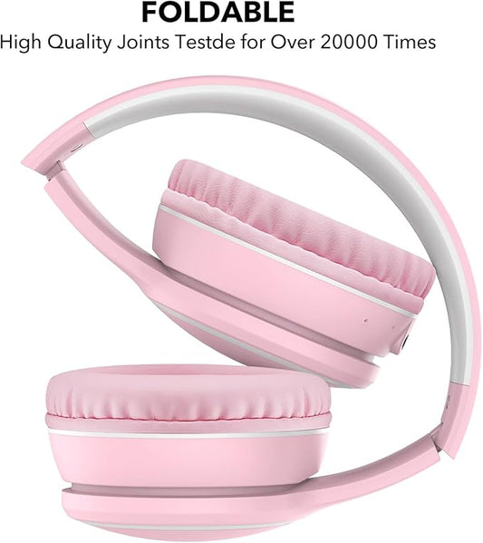 RORSOU B10 Wireless Over-Ear Headphones, Lightweight Folding Stereo Bass Bluetooth Headset with Mic, 50H Playtime, Volume Control, Bluetooth 5.3 Headphones for iPad/Travel/Tablet/PC (Pink)