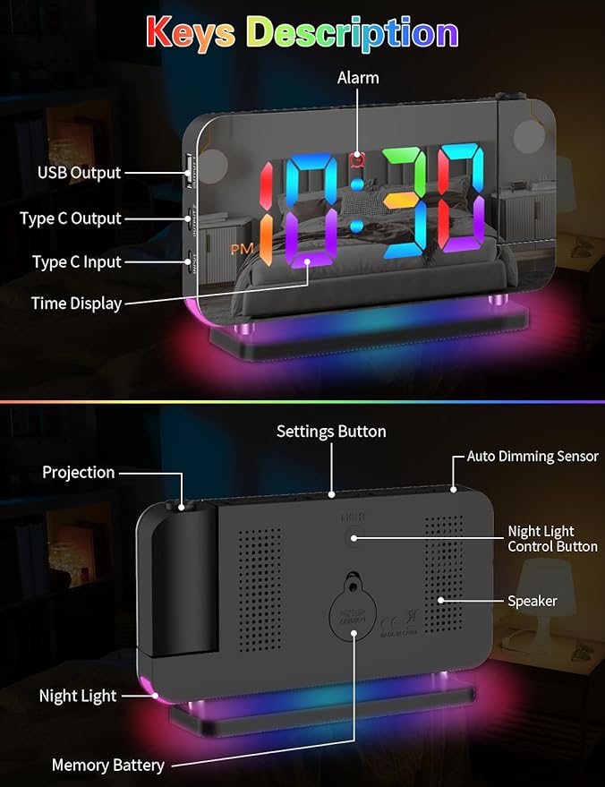 Projection Alarm Clock, Digital Colorful Clock with 180° Rotatable Projector, Mirror Clocks with RGB Night Light,Snooze,12/24H, Dual Charger Port, Auto Dimmer, LED Desk Clock for Bedroom