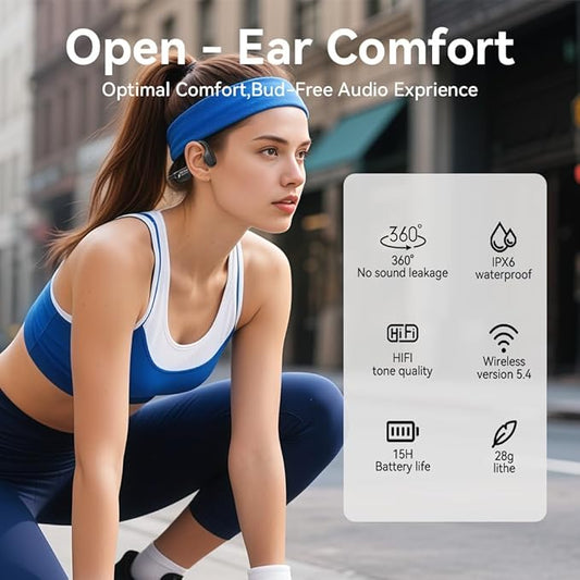 Bone Conduction Headphones, Open Ear Headphones Bluetooth5.4 with Mic, 15H Playtime, IPX6 Sweat Resistant Wireless Earphones, for Workouts and Running, Black