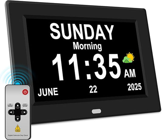 Digital Alarm Clock for Elderly Large Display Date Day of Week for Seniors Electric Digital Clocks 12 Alarms 4 Colors Desk Calendar Clocks for Memory Loss Alzheimers Clock Auto DST/Dimmer