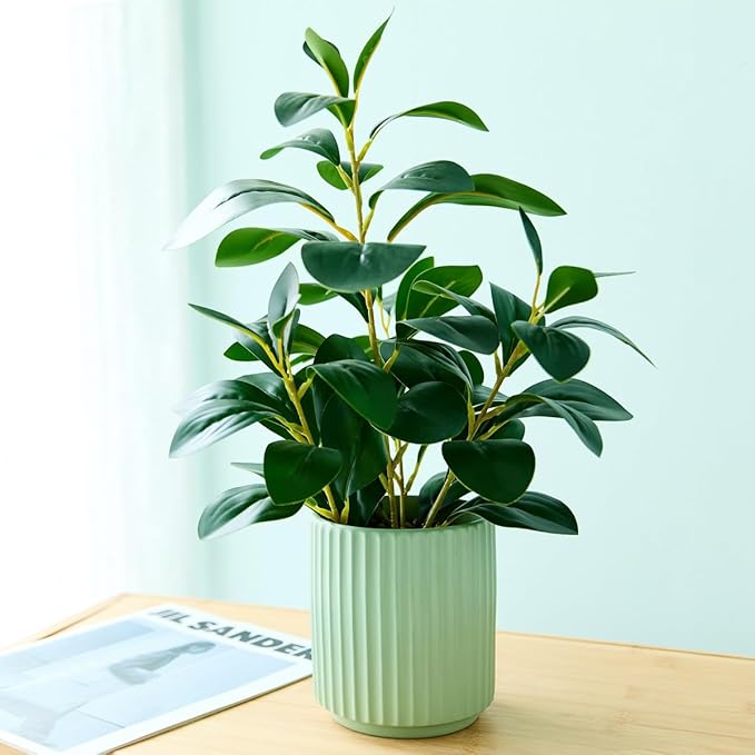 14.6'' Fake Plant Ficus Leaves Artificial Plant in Light Green Ceramic Stripe Planter Faux Real Looking and Touching Evergreen for Home Living Room Indoor & Outdoor