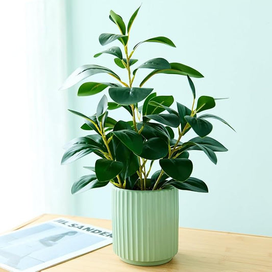 14.6'' Fake Plant Ficus Leaves Artificial Plant in Light Green Ceramic Stripe Planter Faux Real Looking and Touching Evergreen for Home Living Room Indoor & Outdoor