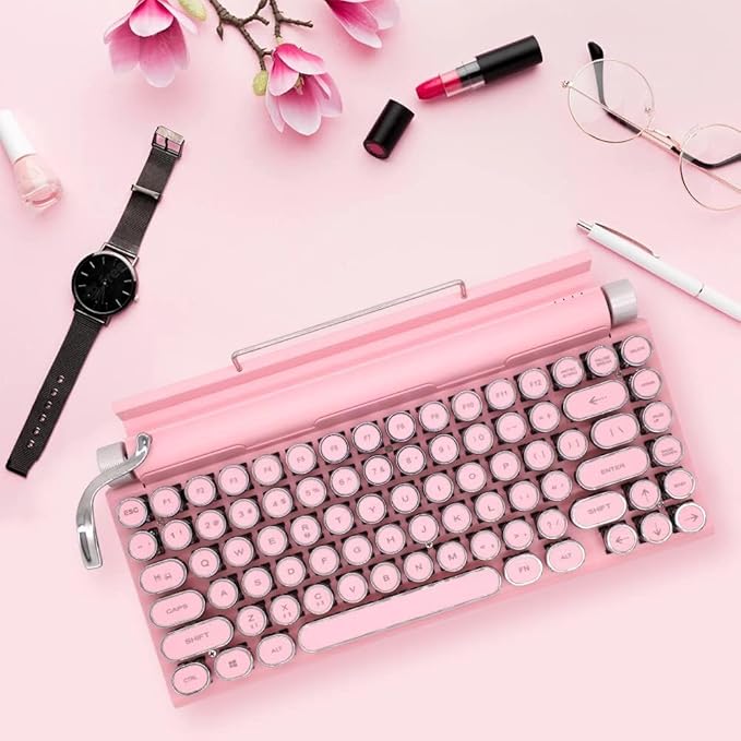 Adventurers Typewriter Bluetooth Wireless Keyboard - 83 Keys, Hot Swappable Blue Switch, Round Keycaps, White Backlit, Compact 75% Layout, Wired, for Windows/Mac/PC/Laptop/iPad, Pink