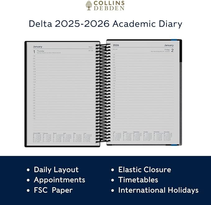Collins 'Delta' 14 Month Mid/Academic Year Planner, July 2025-August 2026 Day-to-Page Appointments Diary, A5 Wiro Bound Cover, Yellow
