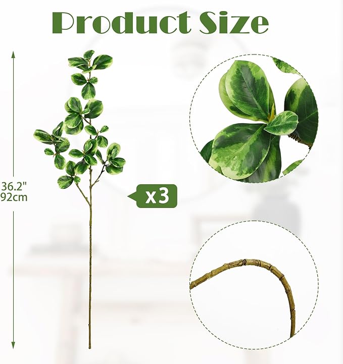 Hollyone 3 Packs Artificial Greenery Stems 36.2 Inch Faux Stems White Edged Leaves with Long Stems Fake Branches Greenery Stem for Vase Garden Home Office Wedding Decoration