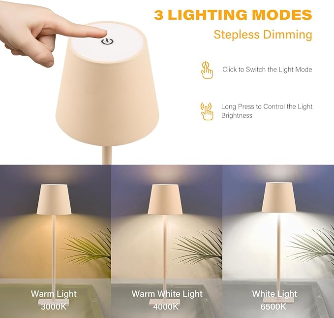 2 Pack Cordless Table Lamps, 3 Colors Stepless Dimming, 5000mAh Rechargeable Battery LED Desk Lamp for Bedroom/Couple Dinner/Desk/Cafe/Dining Room/Terrace