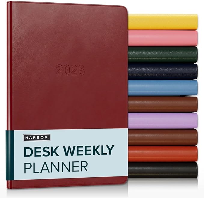 Harbor Desk Weekly Monthly Planner 2025-2026 - Calendar Planner and Notebook, Durable Faux Leather, 192 Pages, Softcover & Book Bound - Cambridge Red - 8x5.5"