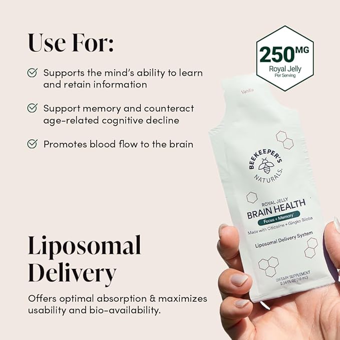 Nootropic Brain Supplement by Beekeeper's Naturals, 500mg Citocoline, Ginkgo Biloba, Bacopa Monnieri & Royal Jelly, Supports Focus & Memory, Easier Absorption, Plus a Tasty Vanilla Flavor, 30ct