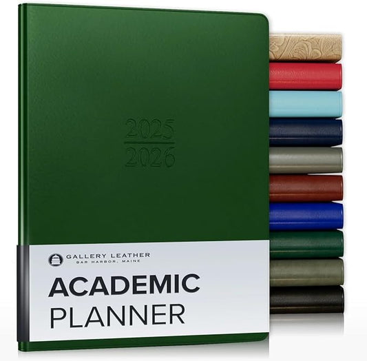 Gallery Leather Academic Planner 2025-2026, Teacher and Student Weekly Monthly Planner, Elegantly Bound Calendar with Gold-Gilded Page Edges, 18 Months - Freeport Metallic Hunter - 9x7"