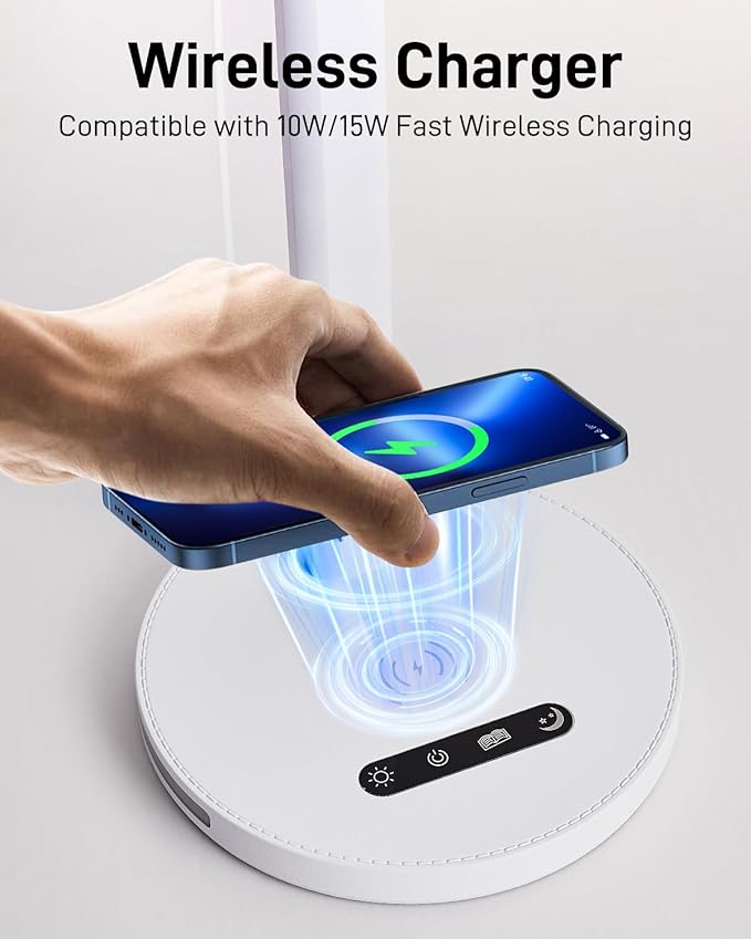 LED Desk Lamp with Wireless Charger, Stepless Dimming Desk Light with 3 Color Modes, Foldable Eye-Caring Study Reading Table Lamp with Night Light for College Dorm Home Office Bedroom Beside(White)