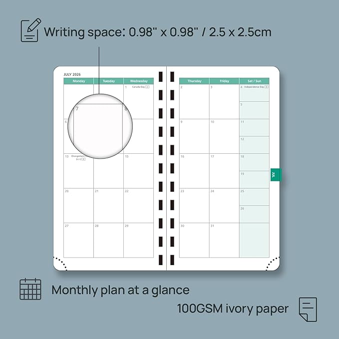 POPRUN 2026 Pocket Planner (Slim Size 3.5" x 6.5") Weekly and Monthly Calendar for Purse, with Hourly Time Slots, 100GSM Thick Paper, Spiral Soft Cover, Pen Holder - Grey